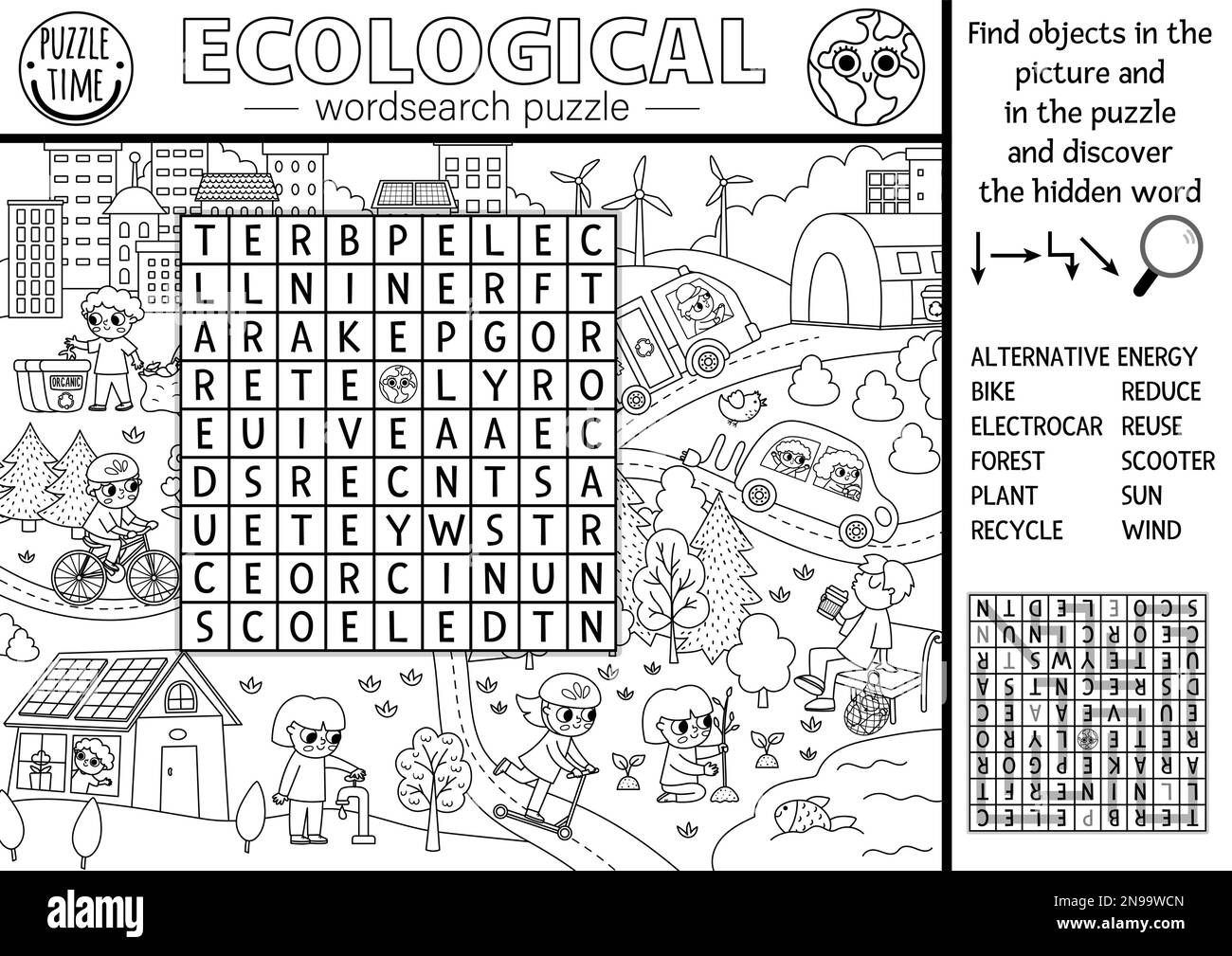 Vektorrätsel für die ökologische Wortsuche für Kinder. Schwarz-Weiß-Quiz zur Wortsuche am Erdentag mit umweltfreundlicher Stadtlandschaft. Übung zum Thema „Eco Awareness Line“. Environ Stock Vektor