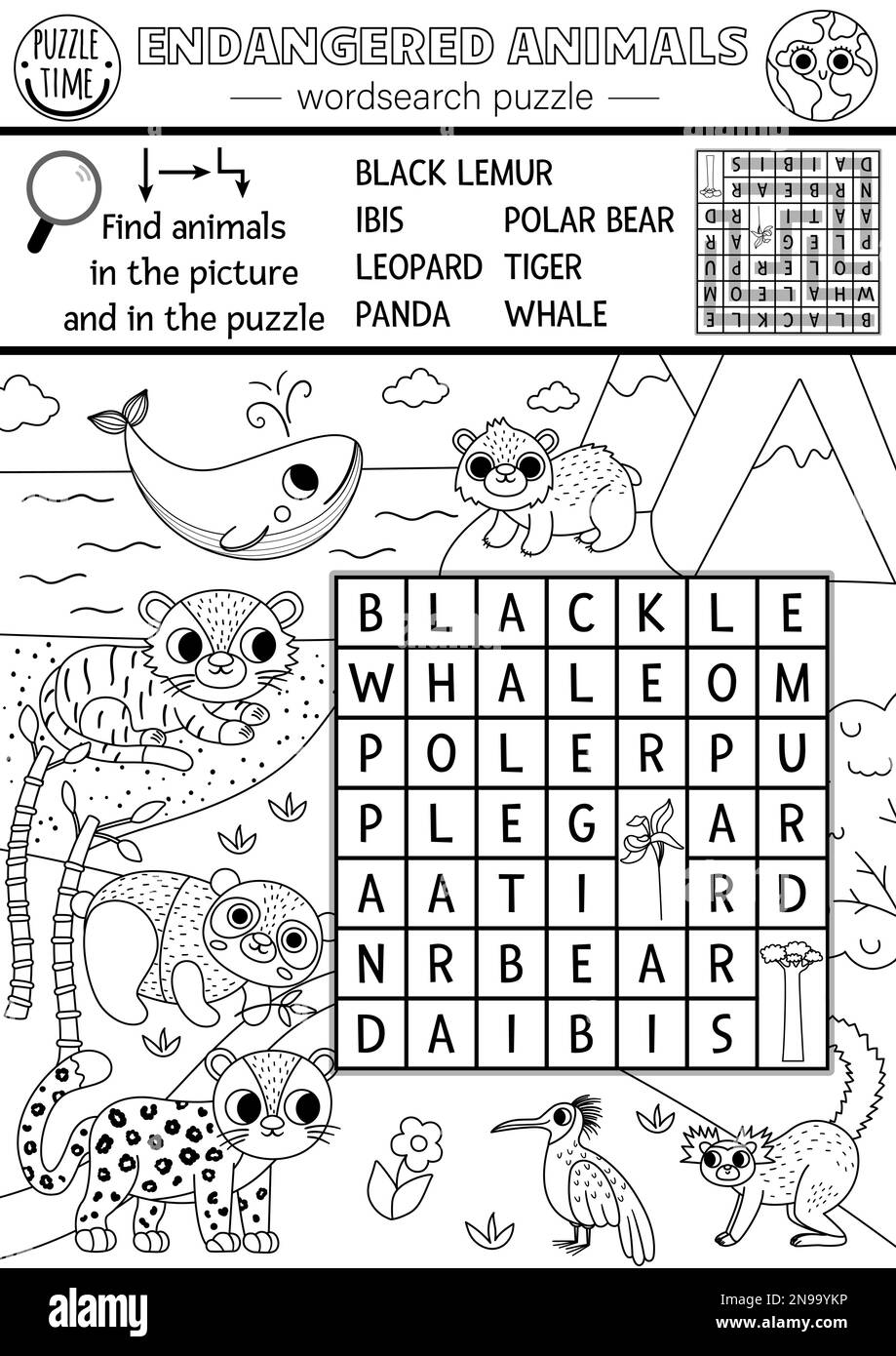 Vektorökologisches Wortschreibrätsel für Kinder mit gefährdeten Arten. Schwarz-Weiß-Welt-Stichwortsuche-Quiz mit ausgestorbenen Tieren in freier Wildbahn Stock Vektor