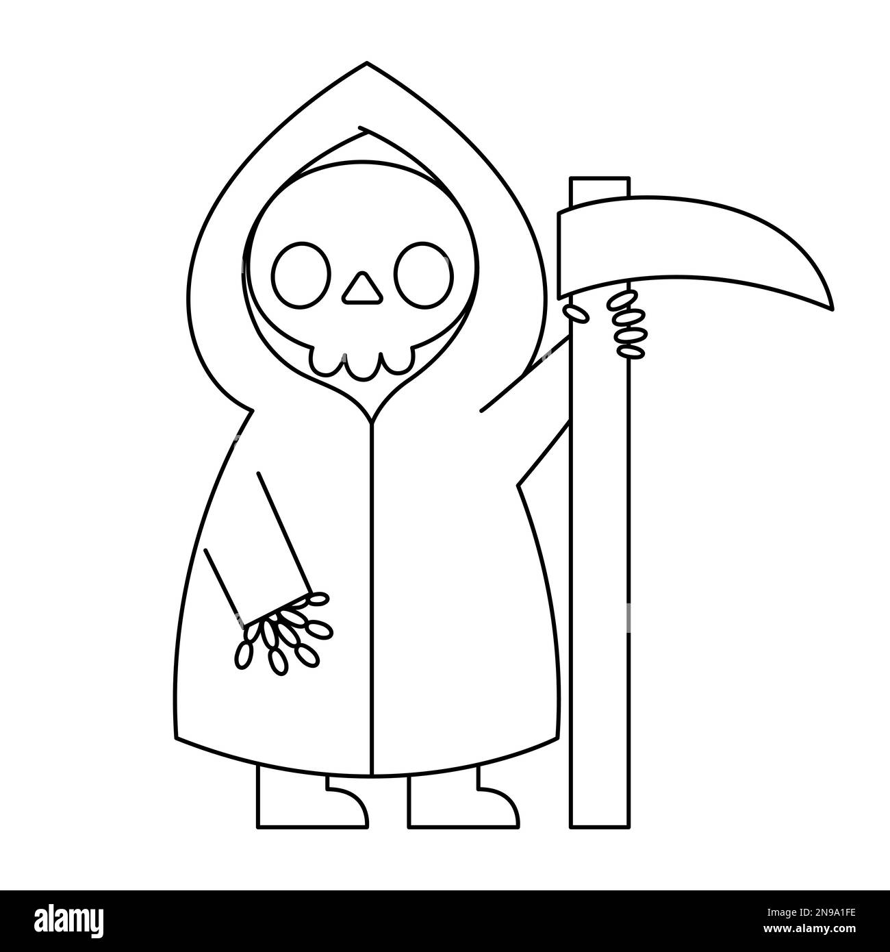 Vector schwarz-weiß Kawaii Tod mit einer Sense. Süße Halloween-Figur für Kinder. Lustige Herbstfotos für den Allerheiligen-Tag. Samhain, Stock Vektor