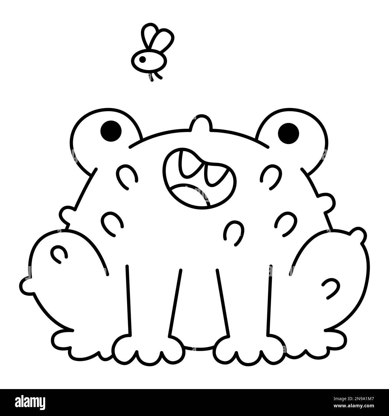 Vector schwarz-weiße Kawaii-Kröte mit Fliege. Süße lächelnde Halloween-Figur für Kinder. Lustige Herbstsendung mit Tierfotos. Stock Vektor