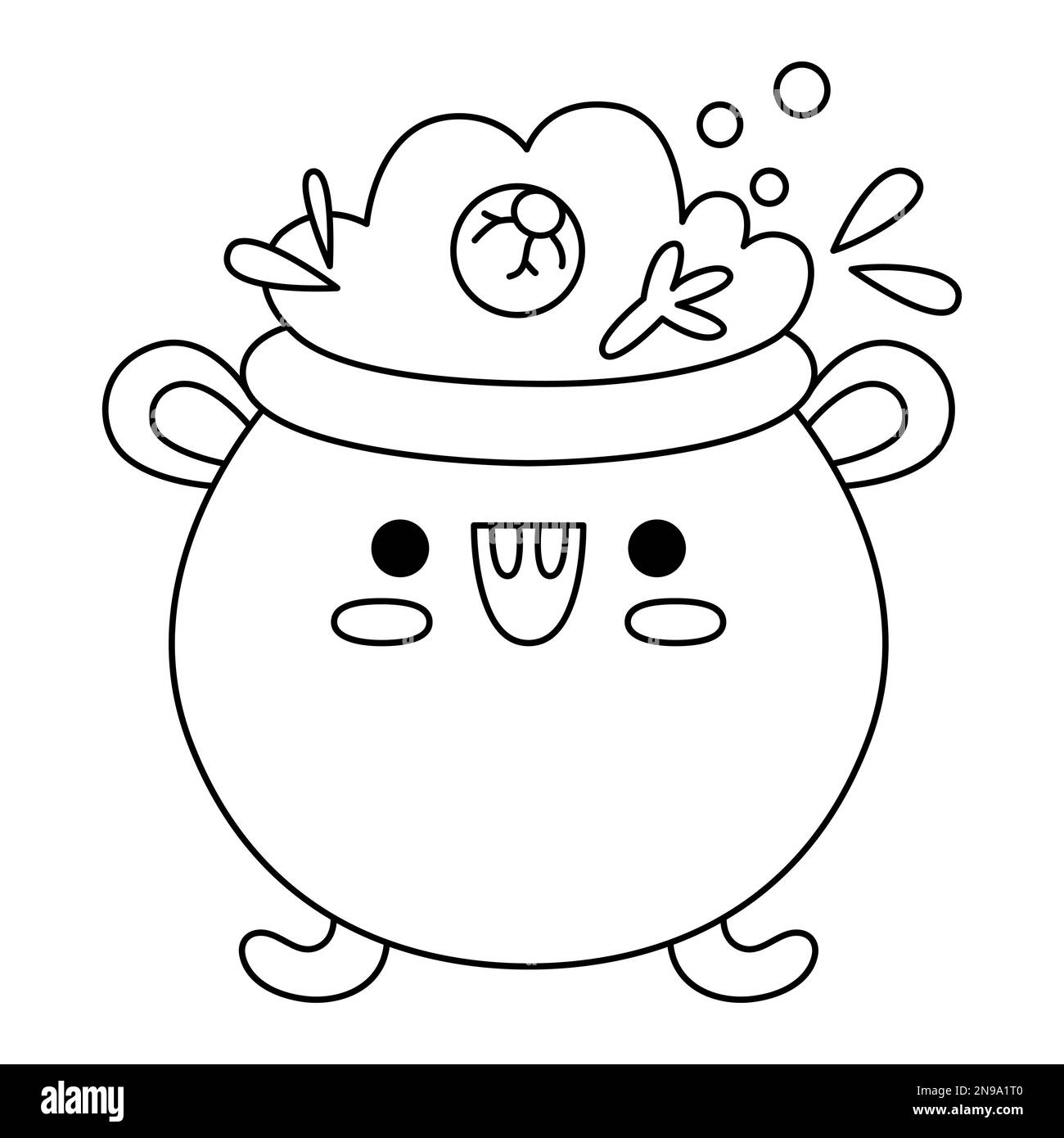 Vector schwarz-weißer Kawaii-Kessel mit Trank. Süße lächelnde Halloween-Figur für Kinder. Lustige Herbstzeichentrickfilme. Samhain Party p Stock Vektor