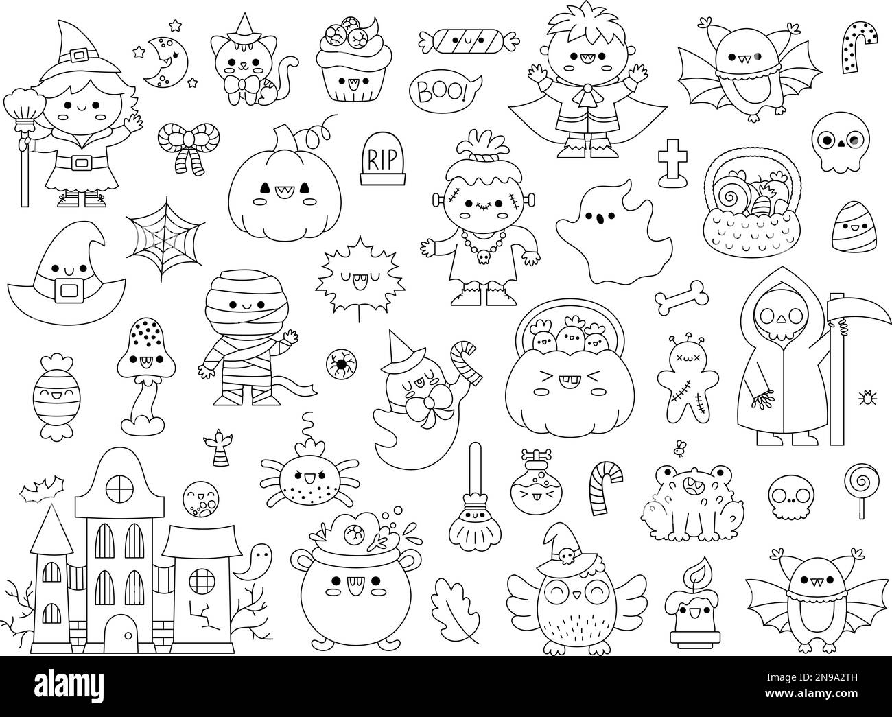 Vector schwarz-weiß Kawaii Halloween Clipart Set für Kinder. Süße Figur Samhain-Party-Malseite. Gruselige Kollektion mit Jack-o-Laterne, Spukhaus Stock Vektor