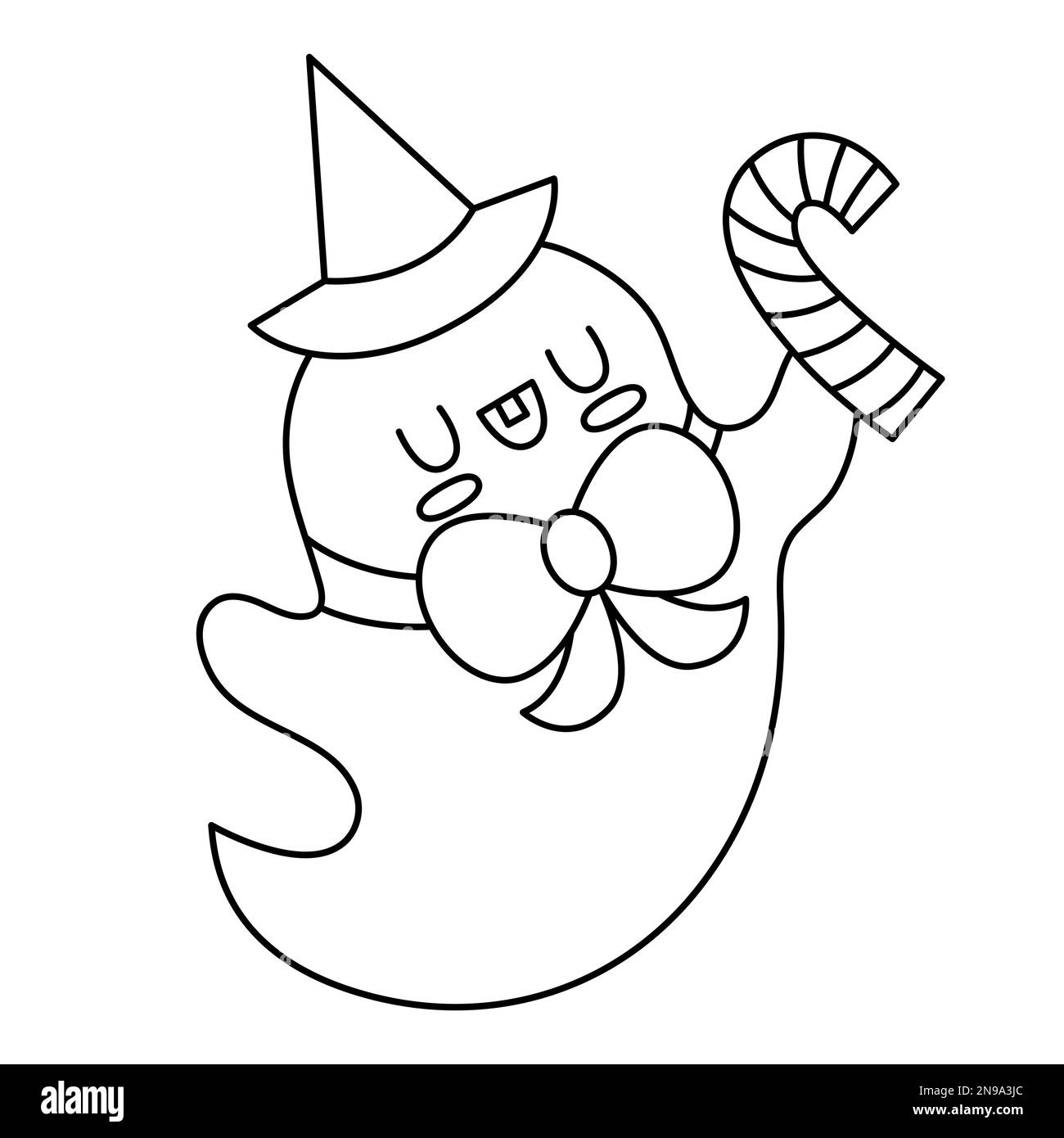 Vector schwarz-weißer Kawaii-Geist mit Hut, Bogen. Süße Halloween-Figur für Kinder. Lustige Herbstillustration mit Gespenst. Samhain Stock Vektor