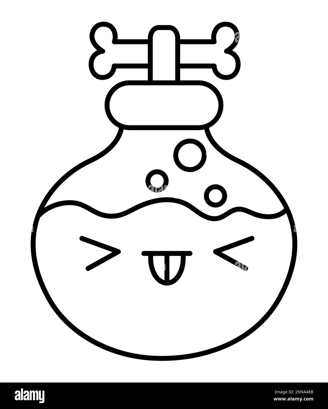 Vector schwarz-weiße Kawaii-Flasche mit Zaubertrank. Süße lächelnde Halloween-Figur für Kinder. Lustige herbstliche, gruselige Hexenelement-Illustra Stock Vektor