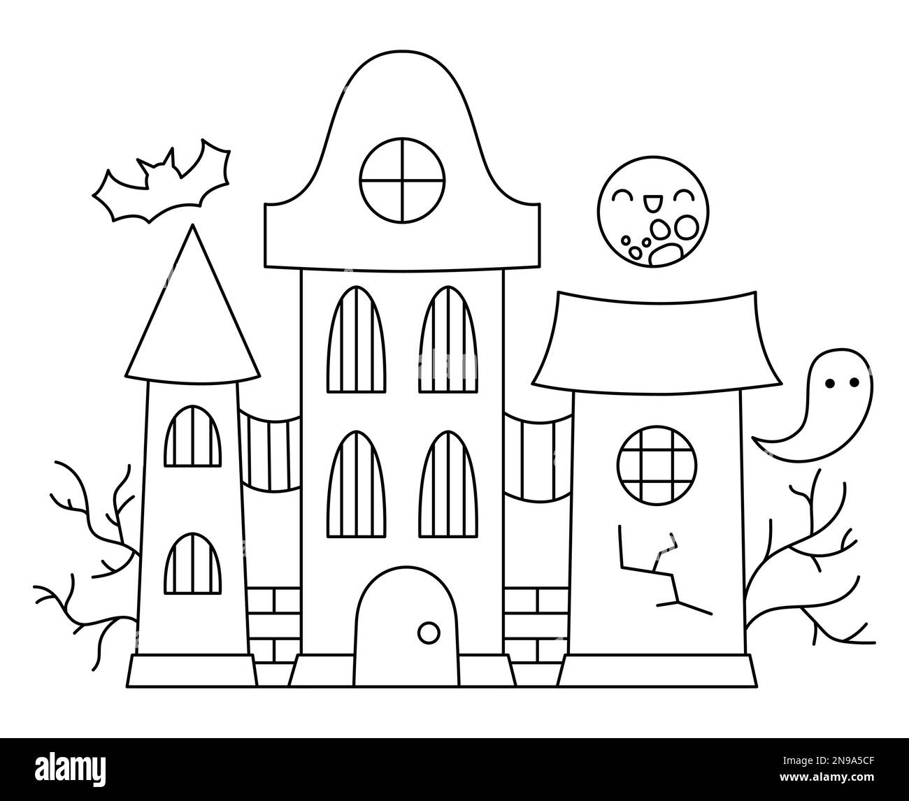 Vector schwarz-weiß Kawaii Spukhaus. Hübsches Halloween-Gebäude für Kinder. Lustige herbstbeängstigende Liniendarstellung. Samhain Party, gruseliges Cottage Colo Stock Vektor