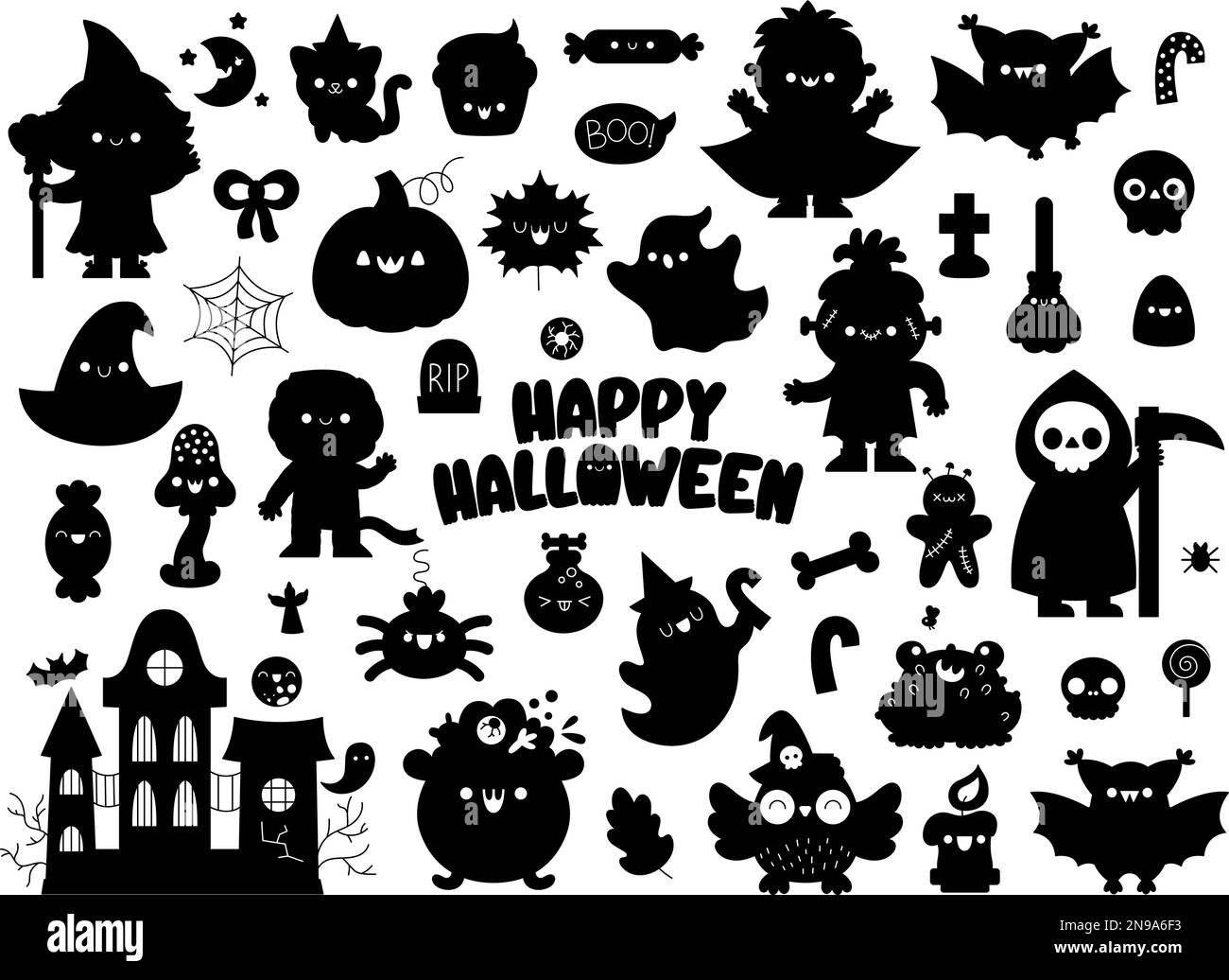 Vector Halloween-Silhouettenset. Traditioneller schwarzer und weißer Clipart für „Süßes oder Saures“-Partys. Gruselige Schattensammlung mit Kürbislaterne, Hexe, Geist, Stock Vektor