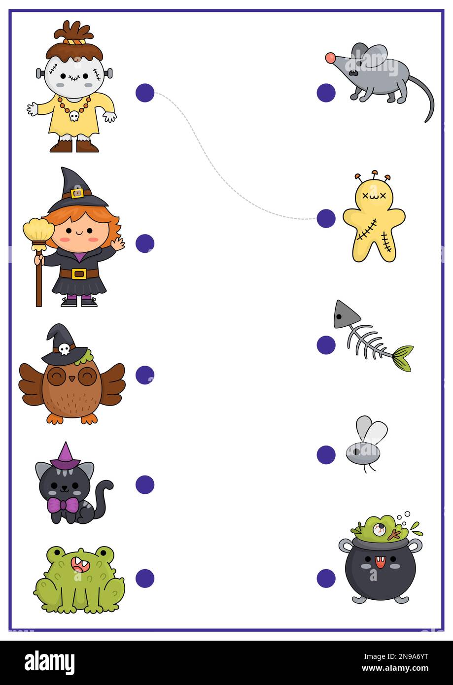 Halloween-Aktivität mit süßer Kawaii-Hexe, Eule, Katze, Monster. Herbstferien-Puzzle mit Kessel, Maus, Frosch. Spiel „Matches the Objects“. Alle s. Stock Vektor