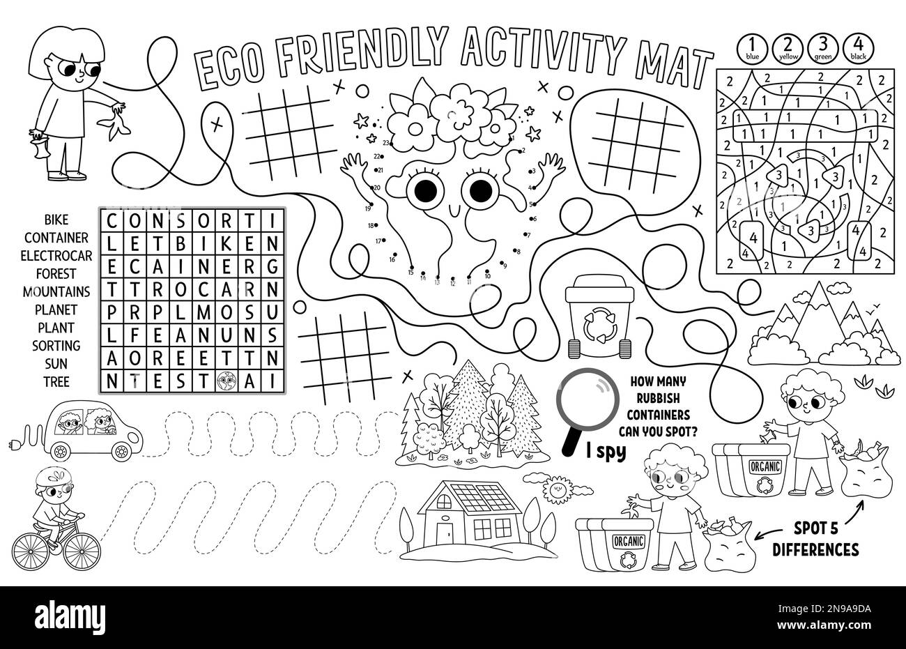 Ökologisches Vektorplakat für Kinder. Ausdruckbare Aktivitätsmatte mit Labyrinth und Tic tac TOE Charts, verbinde die Punkte, finde den Unterschied. Tag der Erde Stock Vektor