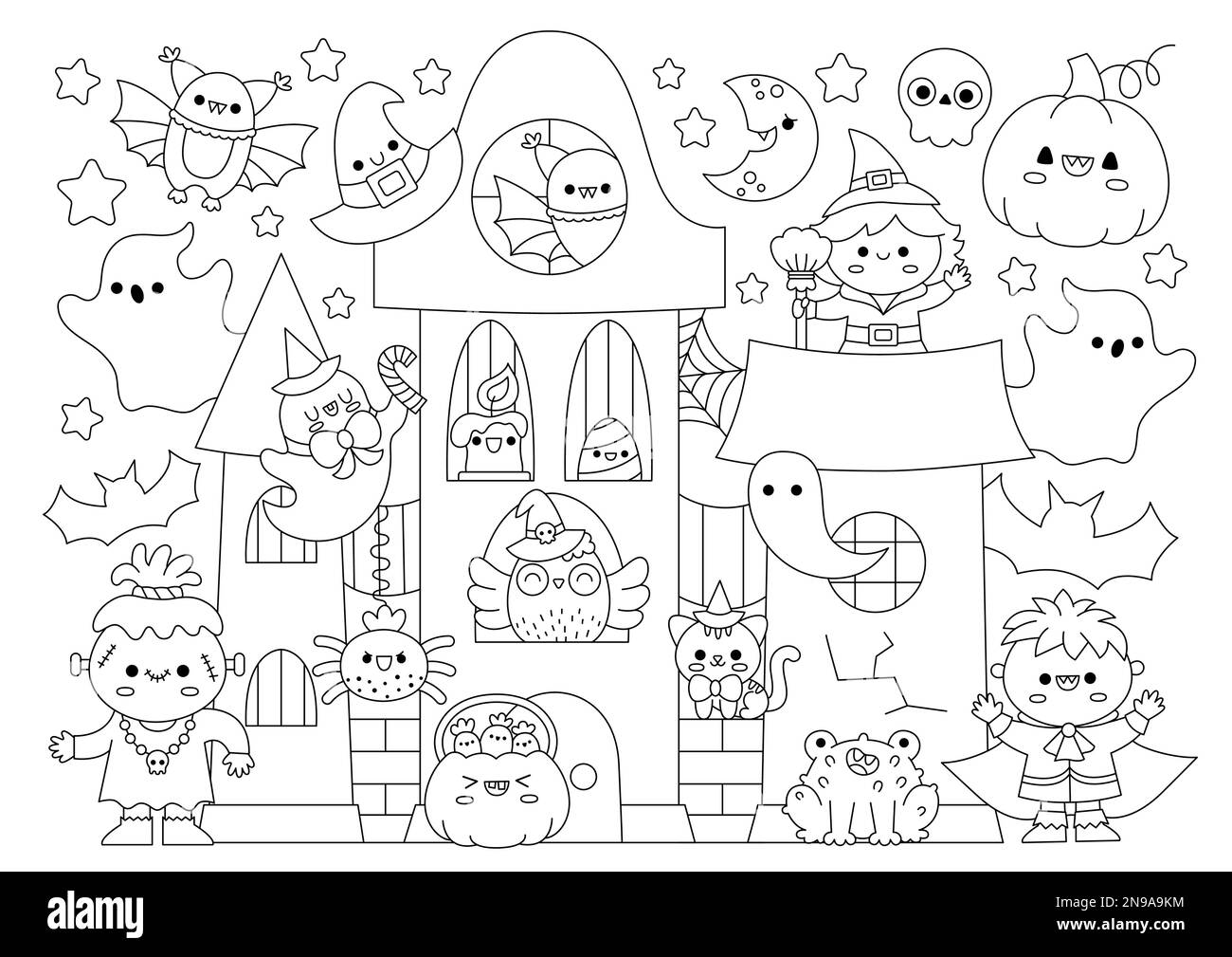 Vector Halloween-Seite mit horizontalen Linien zum Ausmalen für Kinder mit niedlichen Kawaii-Figuren. Schwarze und weiße Herbstfeiertage mit Hexe, Vampir, Stock Vektor