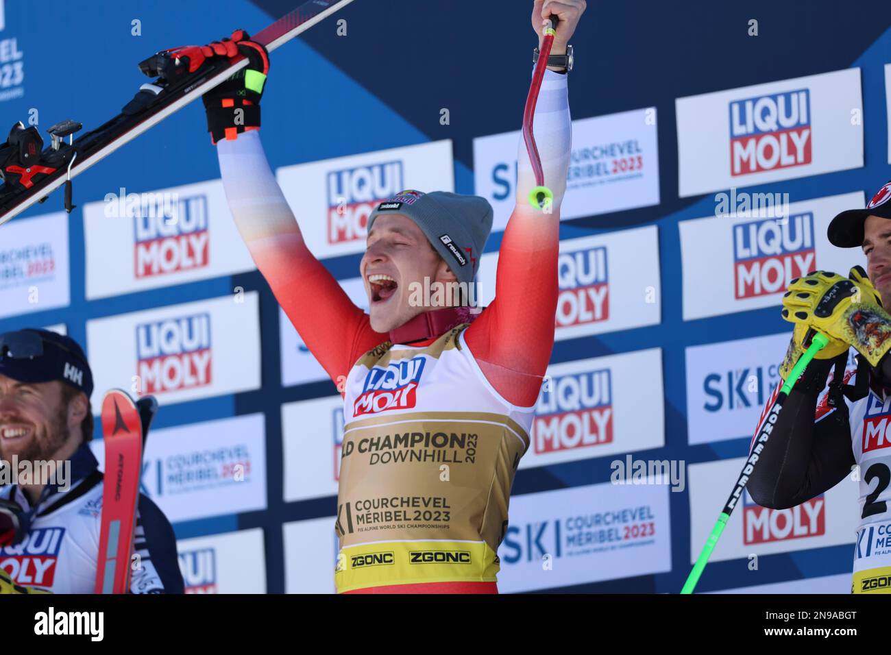 Switzerland's Marco Odermatt celebrates winning the alpine ski, men's