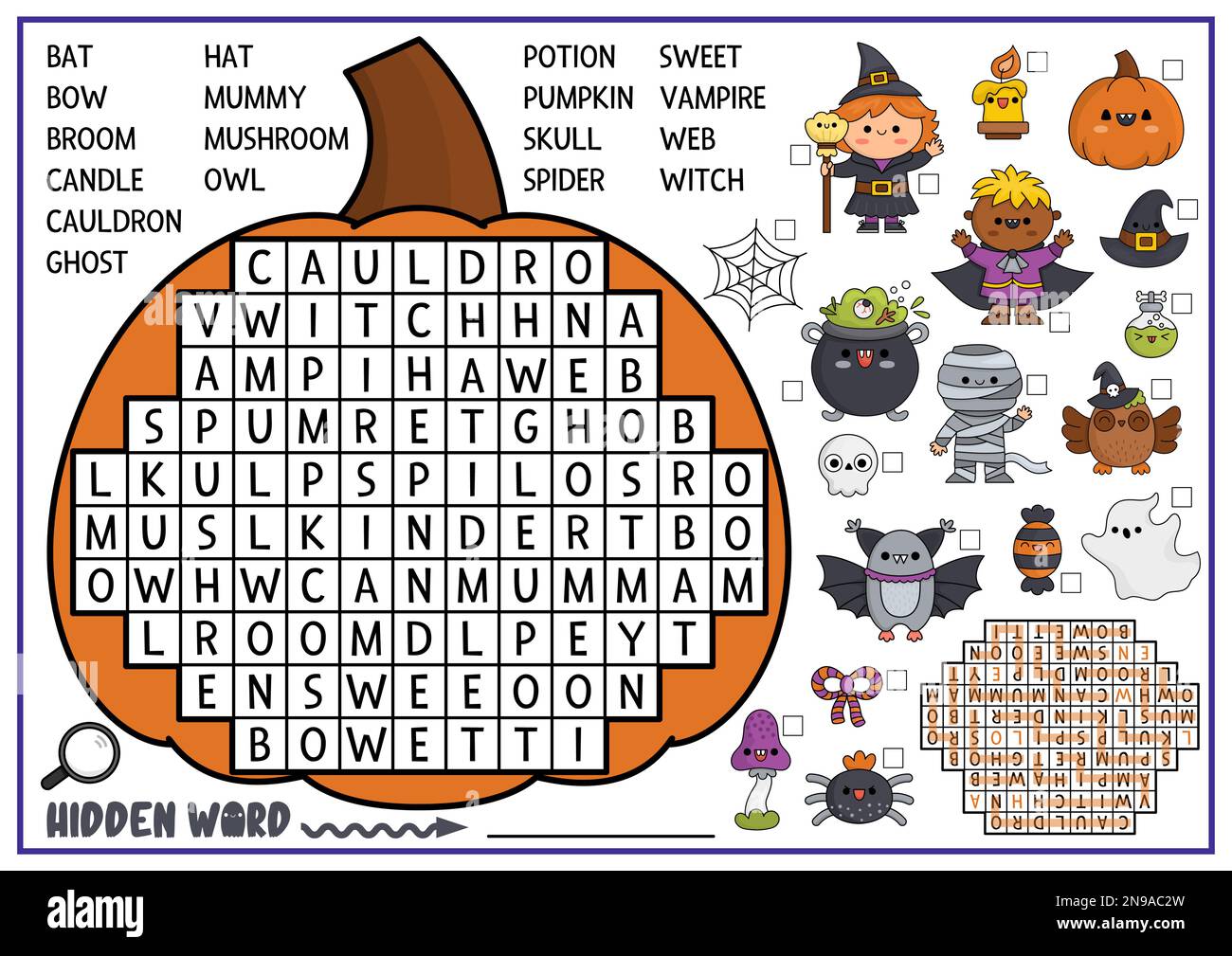 Vektor-Halloween-Kürbis-förmiges Wortsuchrätsel für Kinder. Quiz zum Herbsturlaub für Kinder. Pädagogische Aktivität mit Kawaii-Symbolen. Süßer allesfresser Stock Vektor