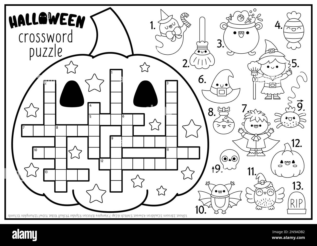 Schwarz-weißes Halloween-Kreuzworträtsel in Kürbisform für Kinder. Quiz zum Herbsturlaub für Kinder. Pädagogische Aktivität mit Kawaii-Symbolen. Stock Vektor