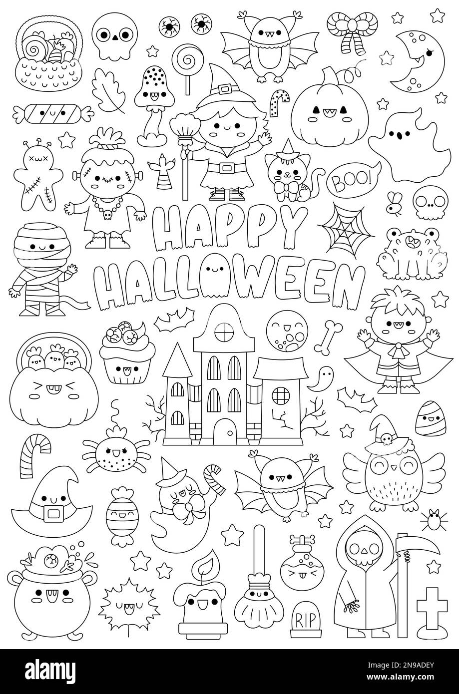 Vector Halloween-Malseite für Kinder mit niedlichen Kawaii-Figuren. Schwarze und weiße Herbstfeier mit Hexe, Vampir, hm Stock Vektor