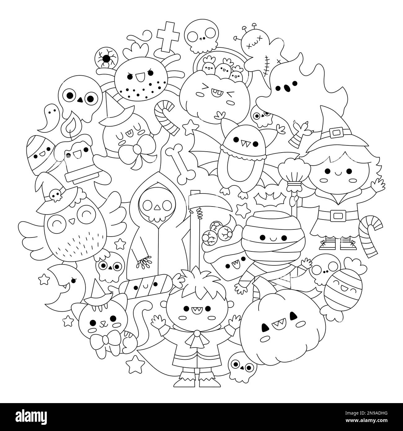 Vector Halloween-Malseite mit runden Linien für Kinder mit niedlichen Kawaii-Figuren. Schwarze und weiße Herbstfeier mit lustiger Hexe, Vampir, Stock Vektor