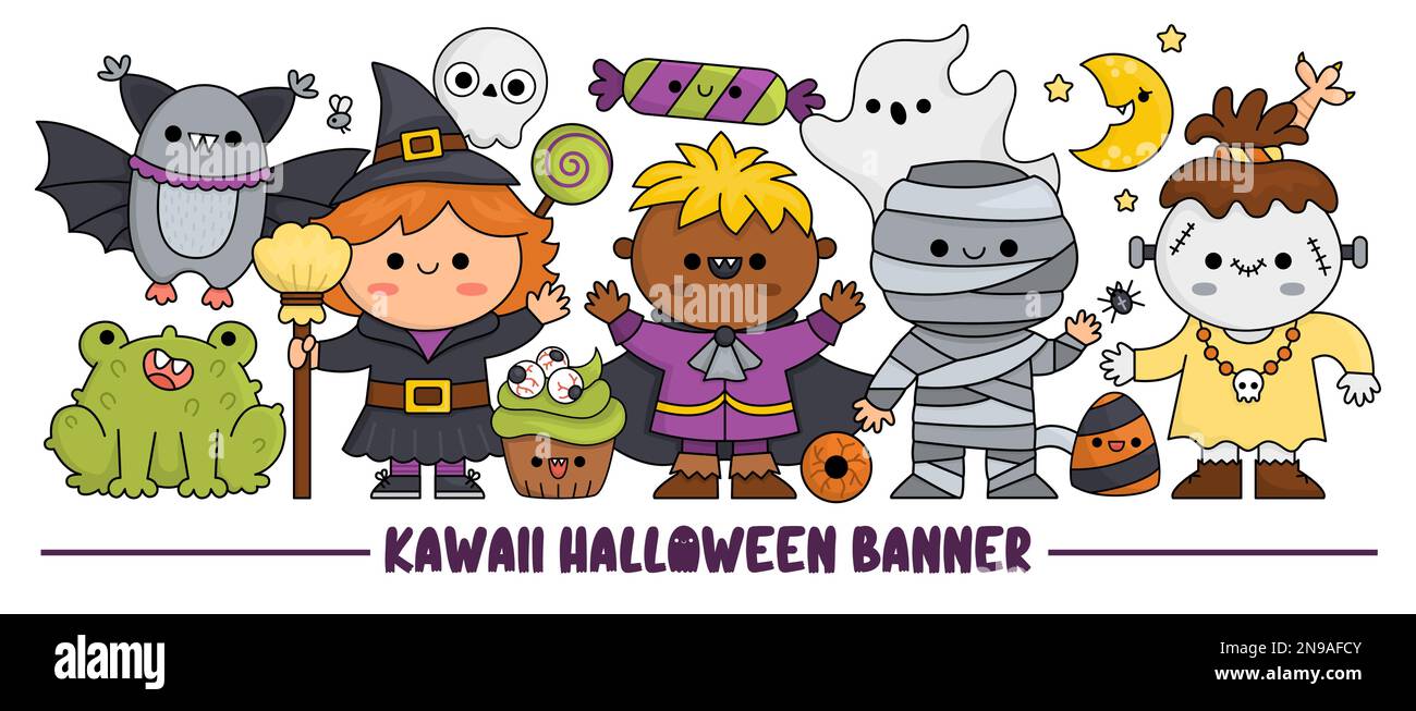 Horizontales Halloween-Banner mit niedlichen Kawaii-Figuren für Kinder. Vektorhexe steht mit Vampir, Mumie, Fledermaus, Frosch, Geist. Süße Allerheiligen Tag krank Stock Vektor