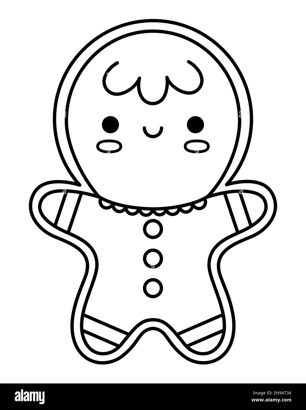Vector schwarz-weiß Kawaii Lebkuchen-Mann. Süße Weihnachtskekse-Figur isoliert auf weißem Hintergrund. Lächeln im neuen Jahr oder Winter Stock Vektor