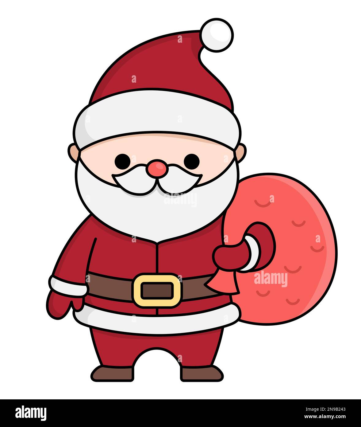 Vektorfarbener Kawaii Weihnachtsmann mit Sack. Süße Vater Frost Illustration isoliert auf weißem Hintergrund. Weihnachtsmann, Winter oder Neujahr mit Stock Vektor