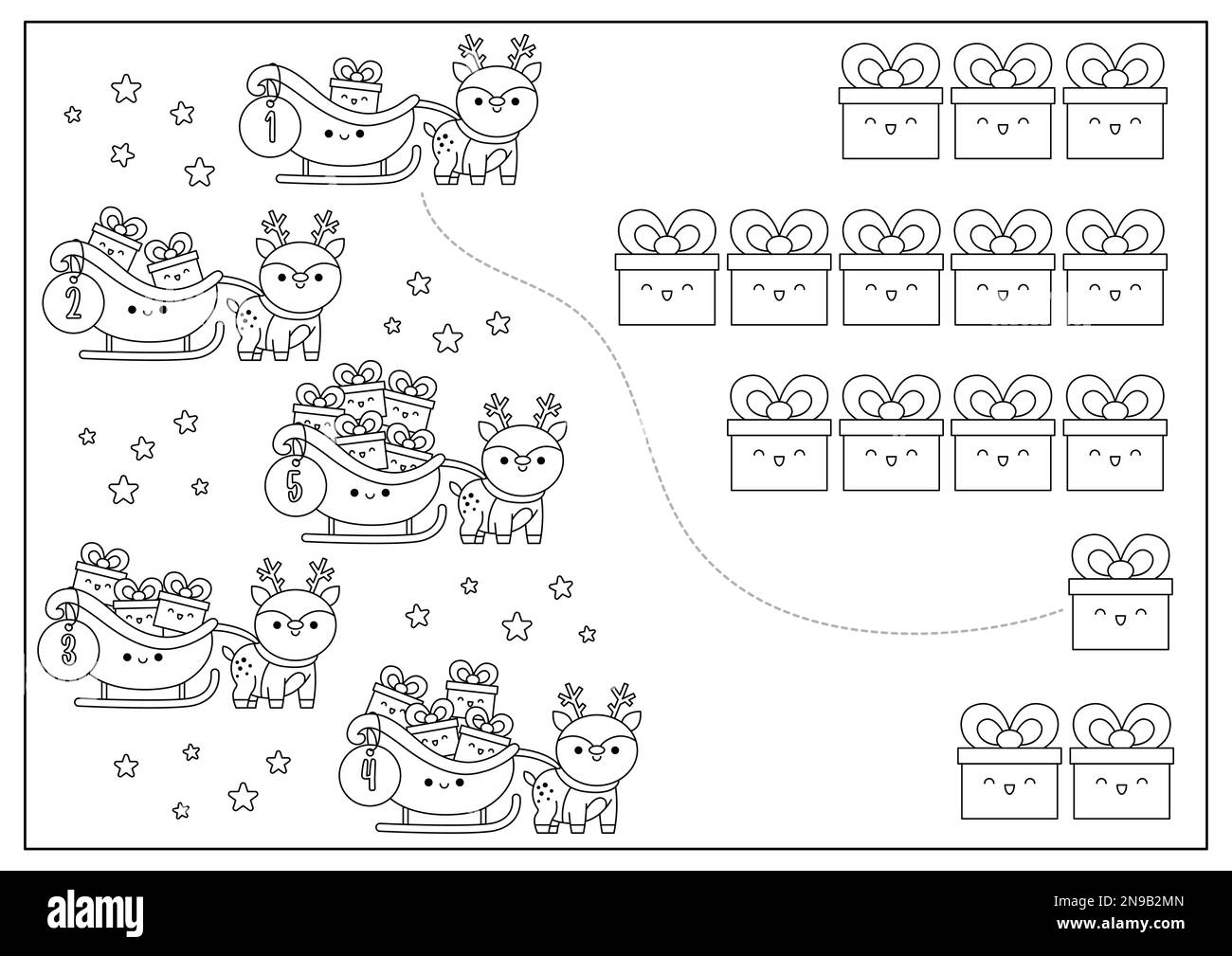 Weihnachtliches Schwarz-Weiß-Spiel mit niedlichem Kawaii-Hirsch, Schlitten, Geschenken. Mathematikaktivität im Winter für Vorschulkinder. Pädagogisch Stock Vektor