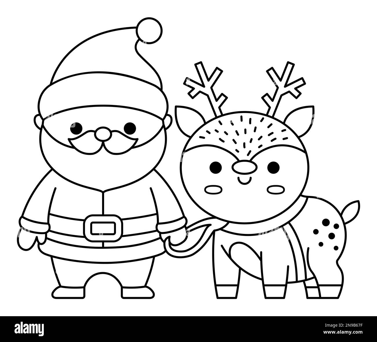 Vector schwarz-weiß Kawaii Weihnachtsmann mit Hirsch. Süße Vater Frost Illustration isoliert auf Weiß. Weihnachten, Winter oder Neujahr mit RE Stock Vektor