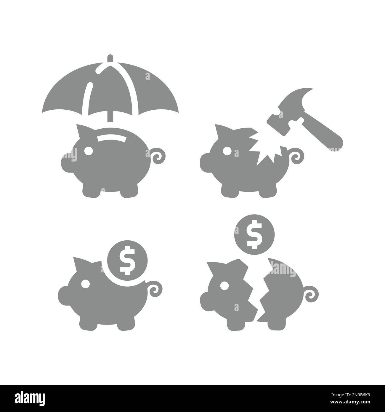 Zerbrochenes Sparschwein mit Hammer-Vektor-Symbolsatz. Inflation und Geld mit Dollar, Ikonen der Finanzversicherung. Stock Vektor