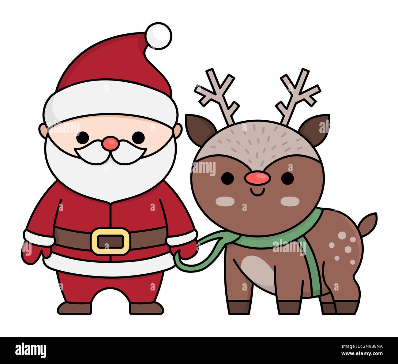 Vektorfarbener Kawaii Weihnachtsmann mit Hirsch. Süße Vater Frost Illustration isoliert auf Weiß. Weihnachtsmann, Winter oder Neujahr mit Rentier. Stock Vektor