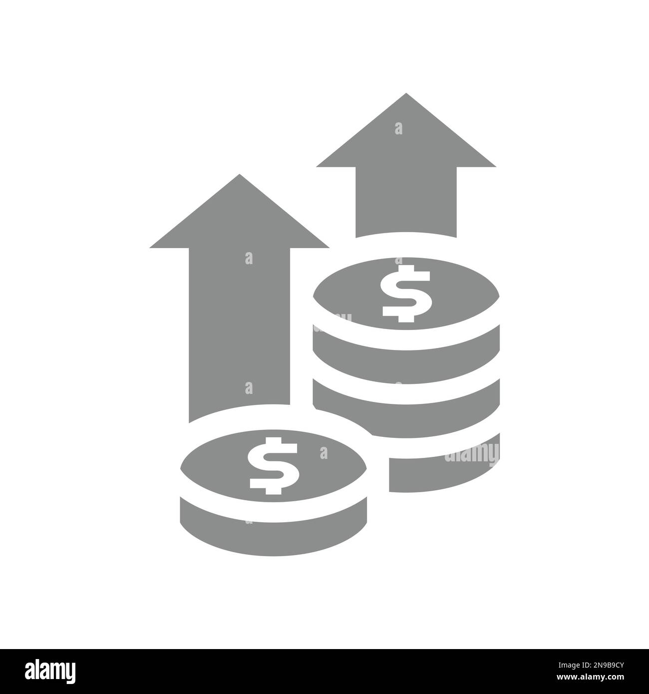 Dollarmünzen-Stapel und Pfeil-nach-oben-Vektorsymbol. Inflation oder Wachstum, Geld und Finanzsymbol. Stock Vektor