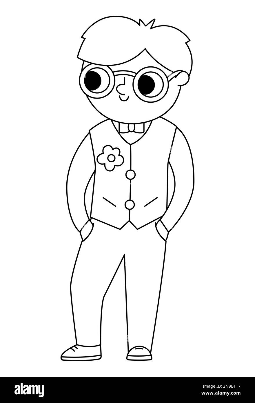 Vector schwarz-weiß Bräutigam Illustration. Süßer Outline-Junge mit Brille und Weste. Symbol für die Linie der Hochzeitszeremonie. Cartoon-Hochzeitsgast. Eleganter Mann Stock Vektor