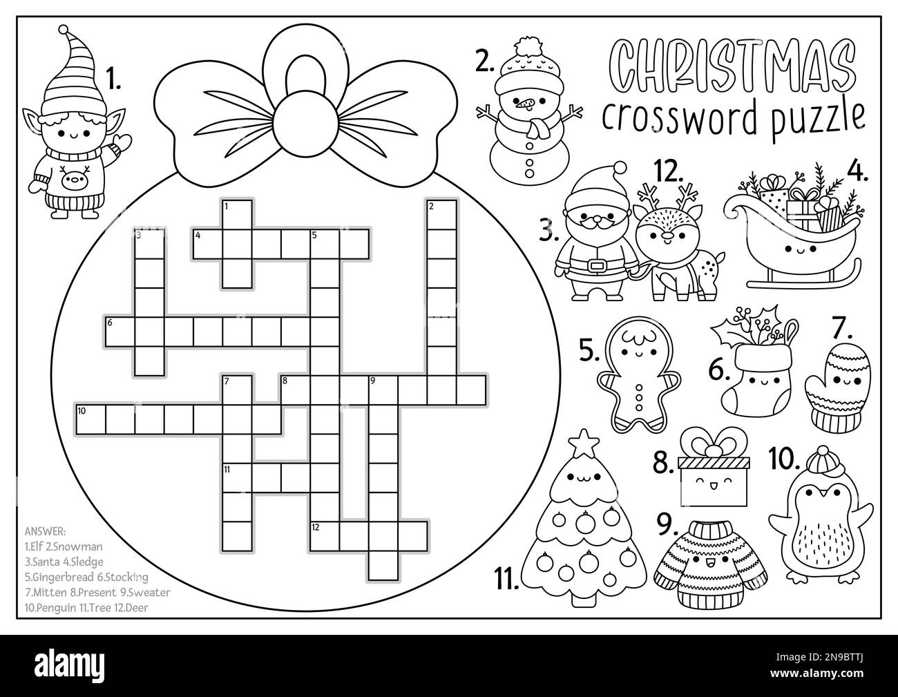 Vector Christmas – Schwarz-Weiß-Kreuzworträtsel in Form eines Kreuzworträtsels für Kinder. Winter Kawaii Line Urlaub Quiz für Kinder. Pädagogische Aktivität oder Ausmalen Stock Vektor