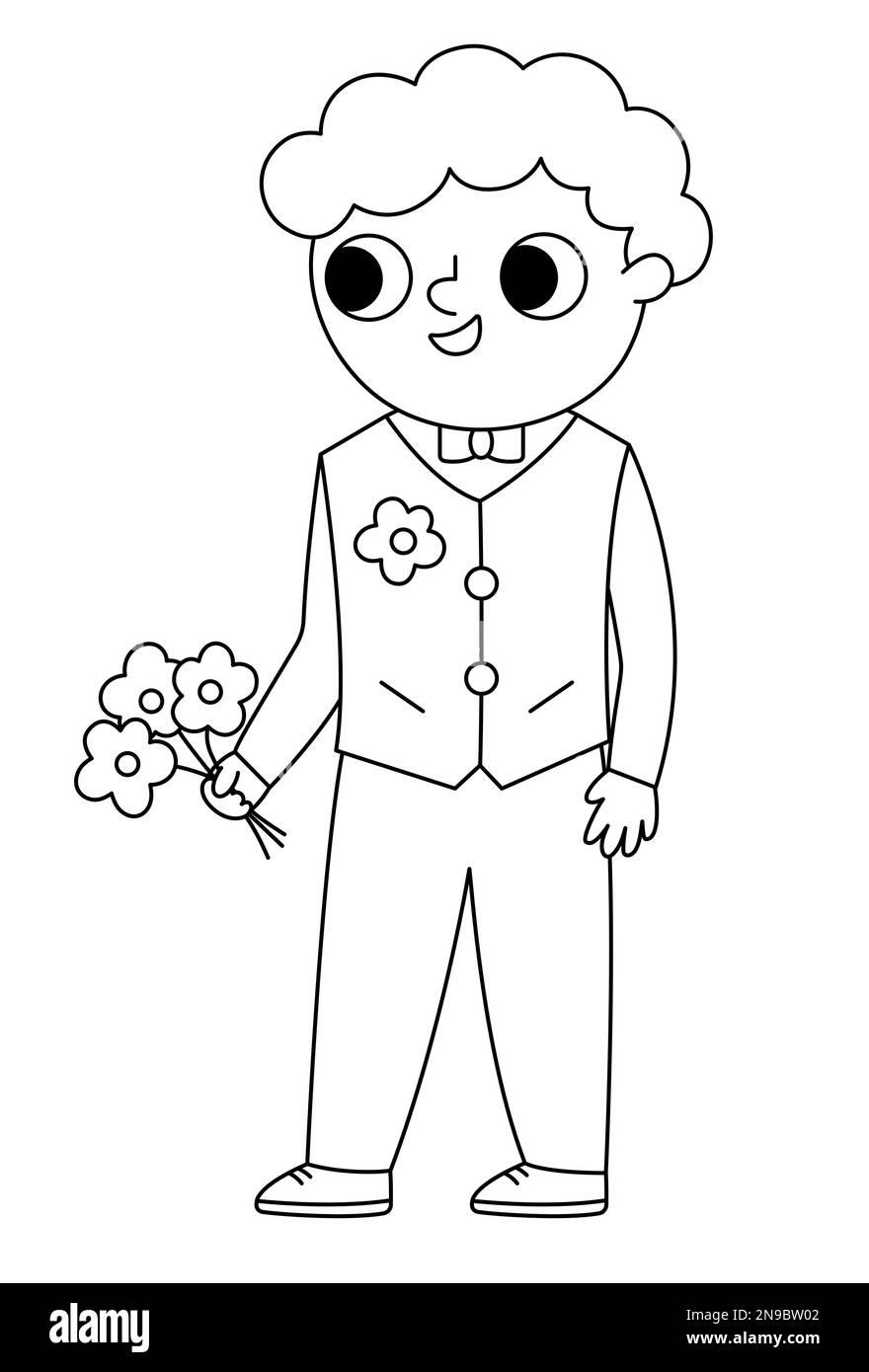 Vector schwarz-weiß Bräutigam Illustration. Süßer Outline-Junge in Weste mit Blume. Symbol für die Linie der Hochzeitszeremonie. Cartoon-Hochzeitsgast. Eleganter Mann Stock Vektor