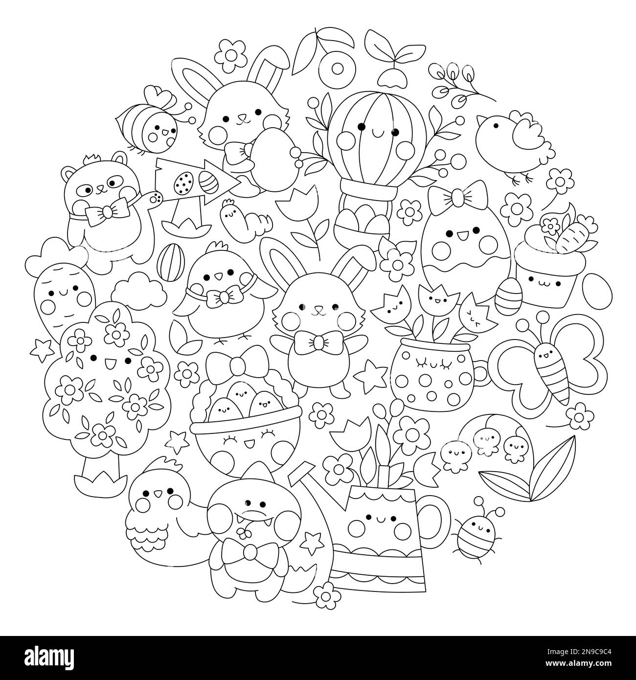 Vector Easter – runde Malseite für Kinder mit niedlichen Kawaii-Figuren. Schwarzweißes Weihnachtsfoto mit lustigem Häschen, Mädels, Ani Stock Vektor