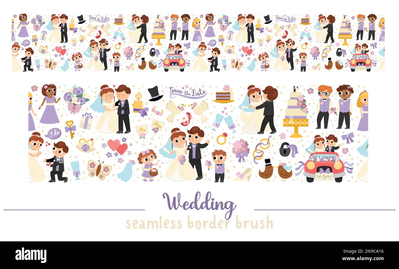 Vektorhochzeit, nahtlos gemusterte Randbürste mit frisch verheiratetem Paar. Eheschließung, horizontaler, sich wiederholender Hintergrund. Süße eheliche Illustration Stock Vektor