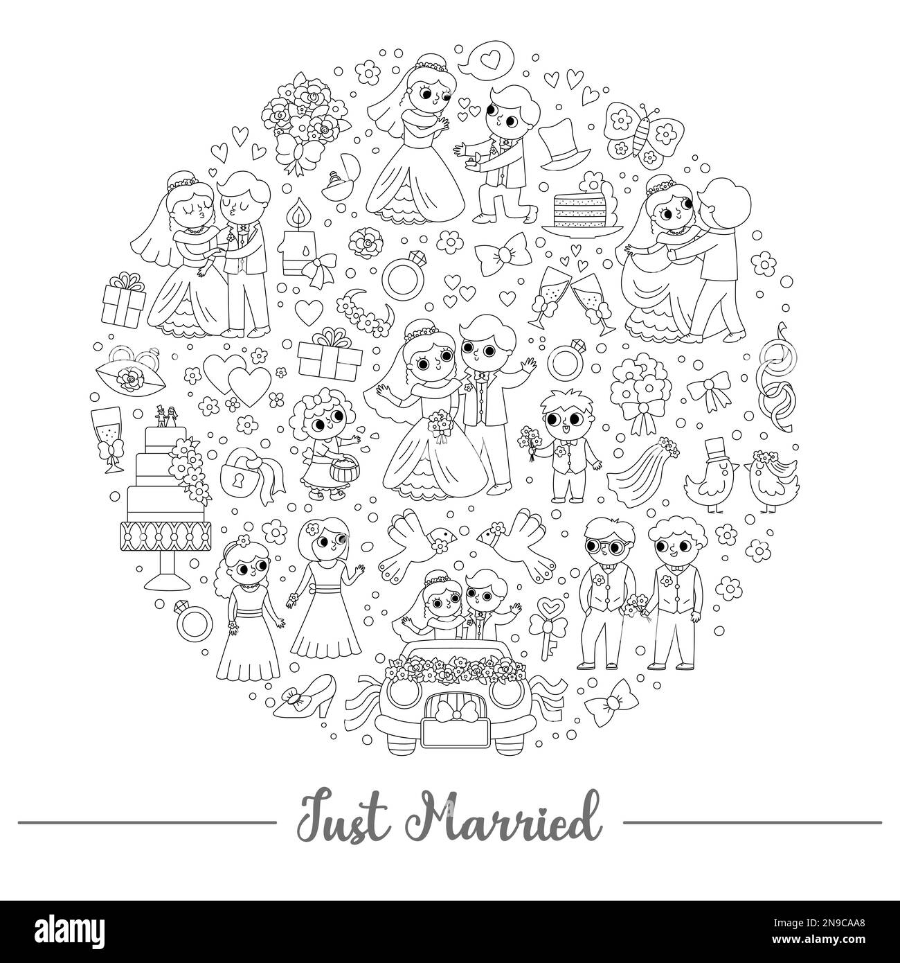 Vector schwarz-weiß Hochzeit runder Rahmen mit frisch verheiratetem Paar. Vorlage für Hochzeitszeremonie-Karten für Banner, Einladungen. Süße Linie, Eheschließung i Stock Vektor