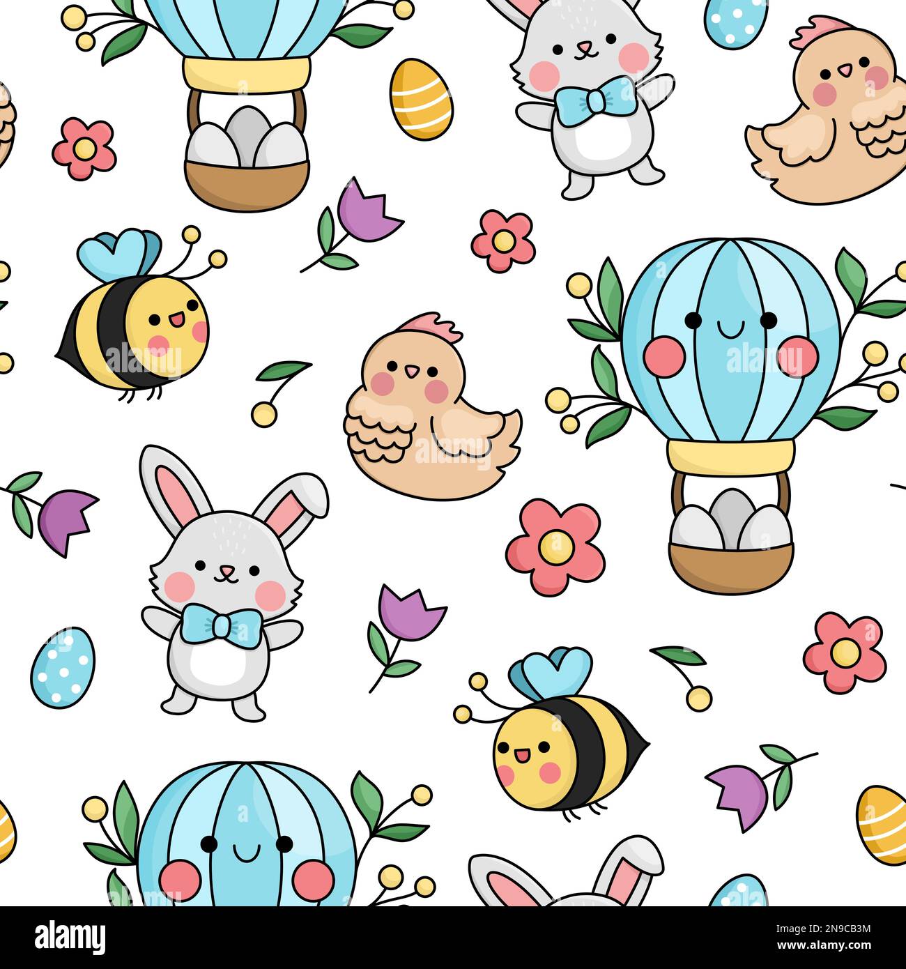 Vector Kawaii Ostern Nahtloses Muster für Kinder. Süße Zeichentrickfilme im Hintergrund. Traditionelles, digitales Papier mit farbigen Eiern, Häschen, Küken, heiß Stock Vektor