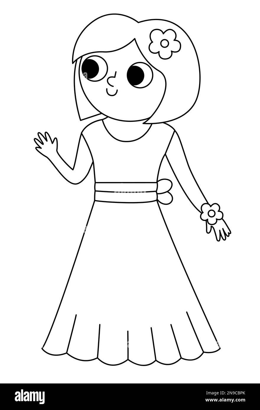 Vector Schwarzweiß Brautjungfer Illustration. Süßes Mädchen im Kleid mit Blumen im Haar. Symbol für die Hochzeitszeremonie. Cartoon-Hochzeitsgast. Elegantes wo Stock Vektor