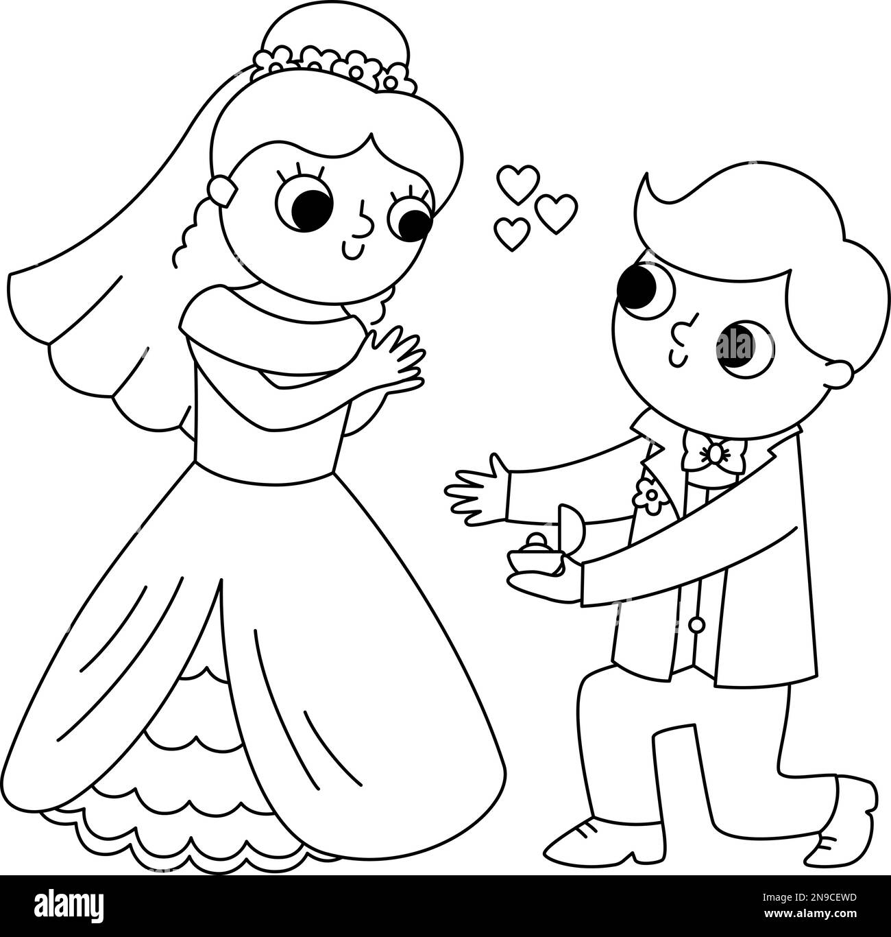 Vector schwarz-weiß-Illustration mit Bräutigam, der der Braut den Ring gibt. Nur ein verheiratetes Paar. Symbol für die Linie der Hochzeitszeremonie. Cartoon-Hochzeits-Farbstoff Stock Vektor