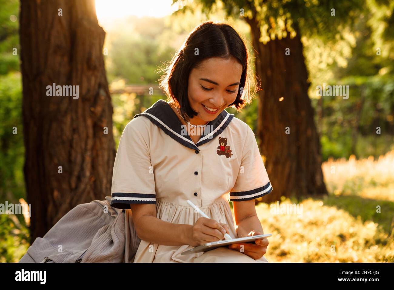 Eine junge lächelnde asiatische Frau trägt ein Kleid, das auf einem digitalen Tablet mit Eingabestift gemalt wird, während sie im Park sitzt Stockfoto