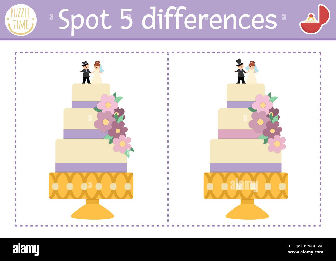 Finde das Unterschiedsspiel für Kinder. Informative Aktivität mit süßer Hochzeitstorte. Hochzeitszeremonie-Puzzle für Kinder mit lustigem Dessert mit Braut und G. Stock Vektor