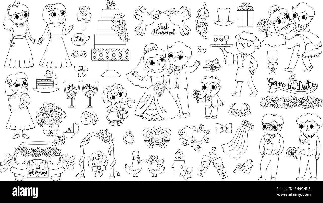 Vector-Hochzeitsset in Schwarz und Weiß. Süße Hochzeitslinie und Szenen mit Braut und Bräutigam, Brautjungfern, Ringen, Kuchen. Frisch verheiratet mit CO Stock Vektor