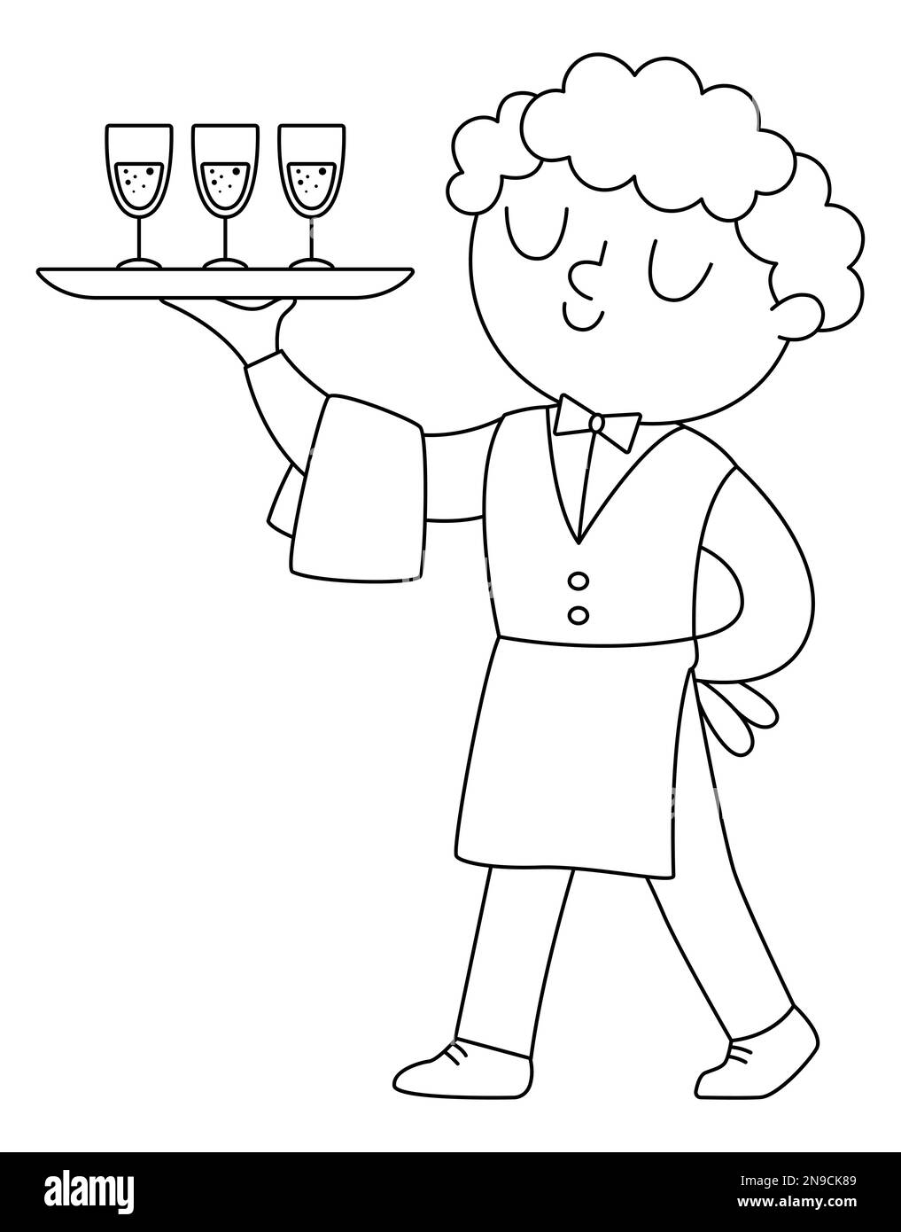 Vector Schwarz-Weiß-Kellner-Illustration. Süßer Outfit-Mann in Uniform, der auf einem Tablett mit Handtuch am Arm prickelnde Getränke serviert. Hochzeitszeremonie ser Stock Vektor