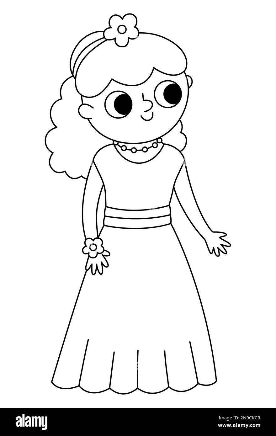 Vector Schwarzweiß Brautjungfer Illustration. Süßes Mädchen im Kleid mit Blumen im Haar. Symbol für die Hochzeitszeremonie. Cartoon-Hochzeitsgast. Elegantes wo Stock Vektor