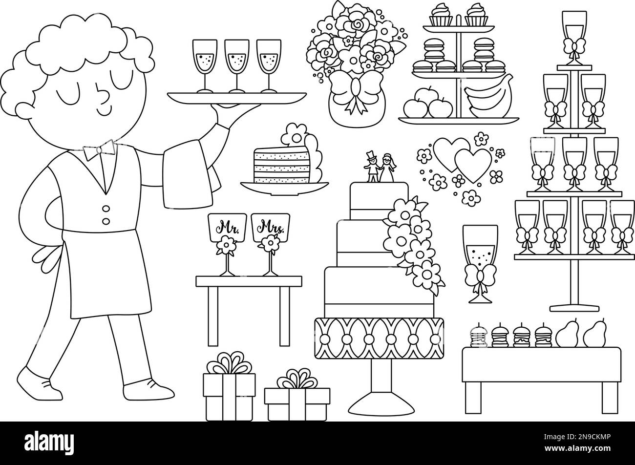 Vector Schwarzweiß Hochzeits-Schokoriegel-Set. Süße Linie Ehe süßer Tisch oder Buffet Clipart mit Kellner, Kuchen, Champagner, Snacks, Obst. Nur Marri Stock Vektor
