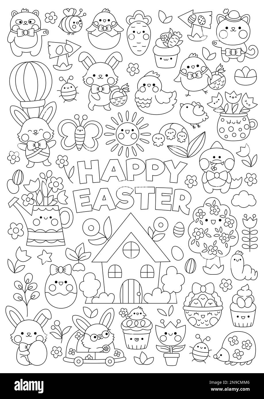 Vector Easter – vertikale Seite zum Ausmalen von Linien für Kinder mit niedlichen Kawaii-Figuren. Schwarzweißes Weihnachtsfoto mit Häschen, Mädels, Tieren Stock Vektor