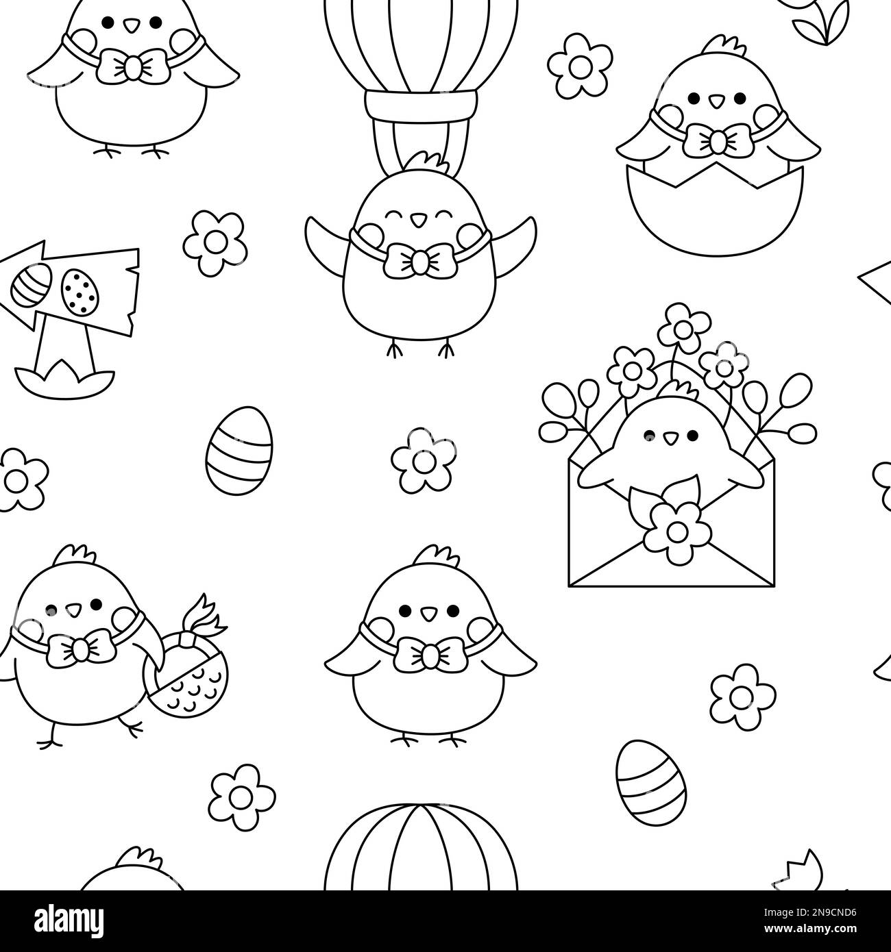 Vector Schwarz-Weiß Kawaii Ostern Nahtloses Muster für Kinder mit lustigen Mädels. Niedlicher Frühlings-Cartoon mit wiederkehrendem Hintergrund oder Malseite. digitalpapier Stock Vektor