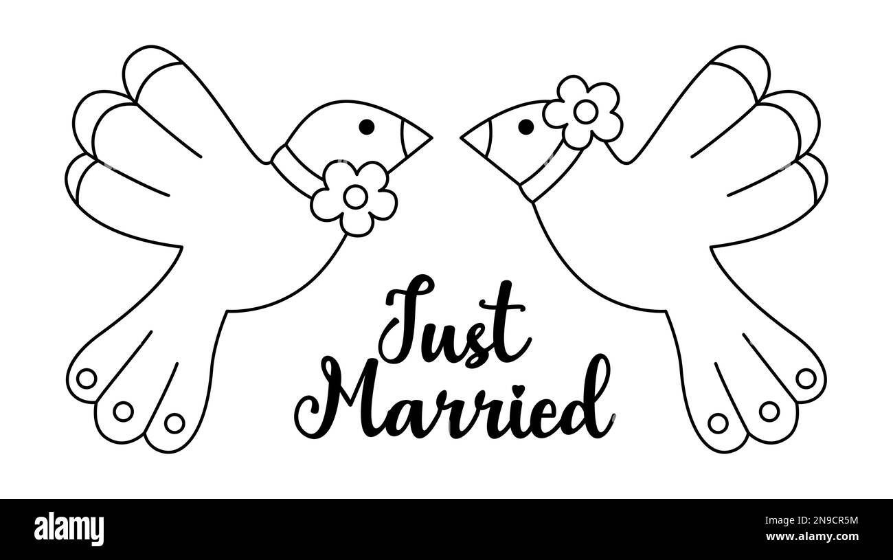 Schwarz-weiße Vektortauben mit Blumen und frisch verheirateter Inschrift. Süße Ehe-Linie, Clipart-Element. Frisch verheiratete Paare. Cartoo Stock Vektor