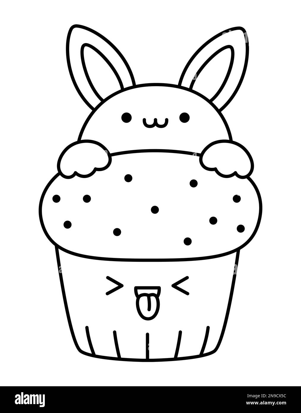 Vector schwarz-weißer Osterkuchen für Kinder. Süßer Kawaii-Tassentorte mit Häschen oben drauf. Komische Zeichentrickfigur. Traditioneller Frühlingsurlaub Stock Vektor