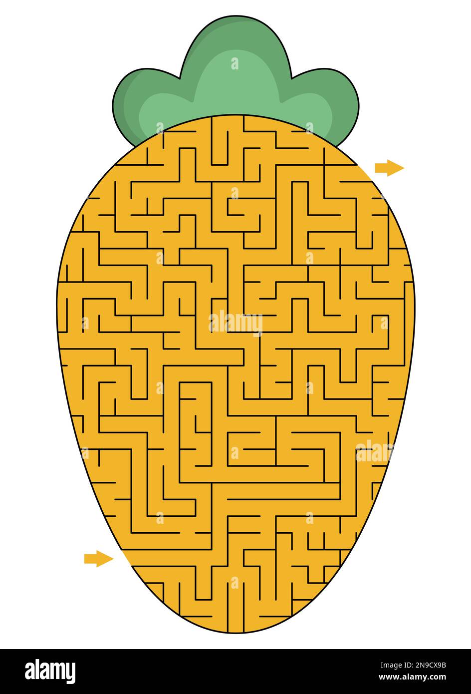 Ein Labyrinth in Form einer Karotte für Kinder. Druckbare Aktivität im Vorschulalter mit großem Gemüse. Geometrisches Labyrinth oder Puzzle Stock Vektor