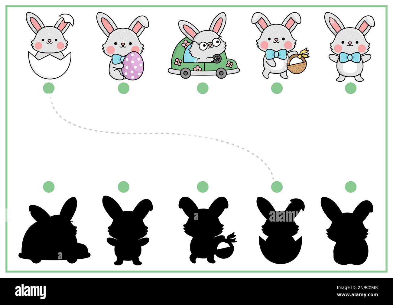 Osterschattenspiel mit Hasen. Puzzle zur Erkennung der Form der Frühlingsferien mit niedlichen Kawaii-Tieren. Finden Sie die richtigen bedruckbaren Silhouetten Stock Vektor