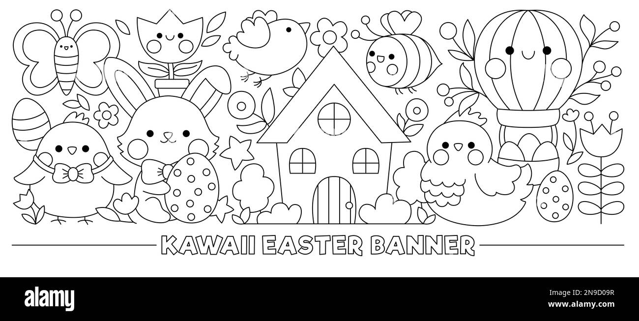 Horizontales Osterbanner in Schwarz und Weiß mit niedlichen Kawaii-Figuren für Kinder. Ein lustiger Vektorhase mit Küken, Hütte, Blumen. Süße Gartenillustrierung Stock Vektor