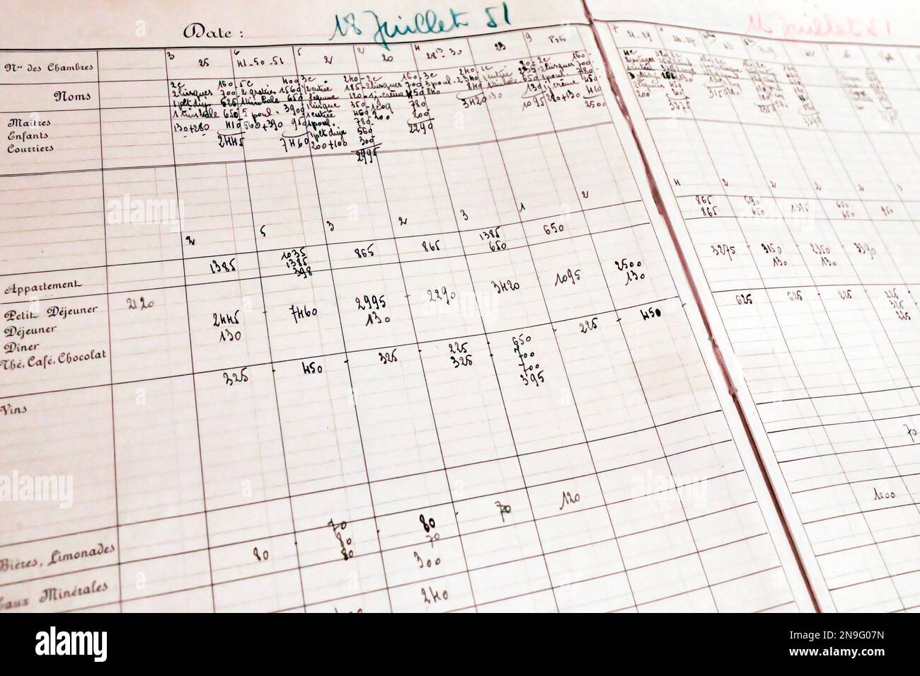 Buchungsblatt vom 1981. Juli des luxuriösen Hôtel Le Relais Bernard Loiseau mit dem mit einem Michelin-Stern ausgezeichneten Restaurant La Côte d'Or, Saulieu, Frankreich Stockfoto