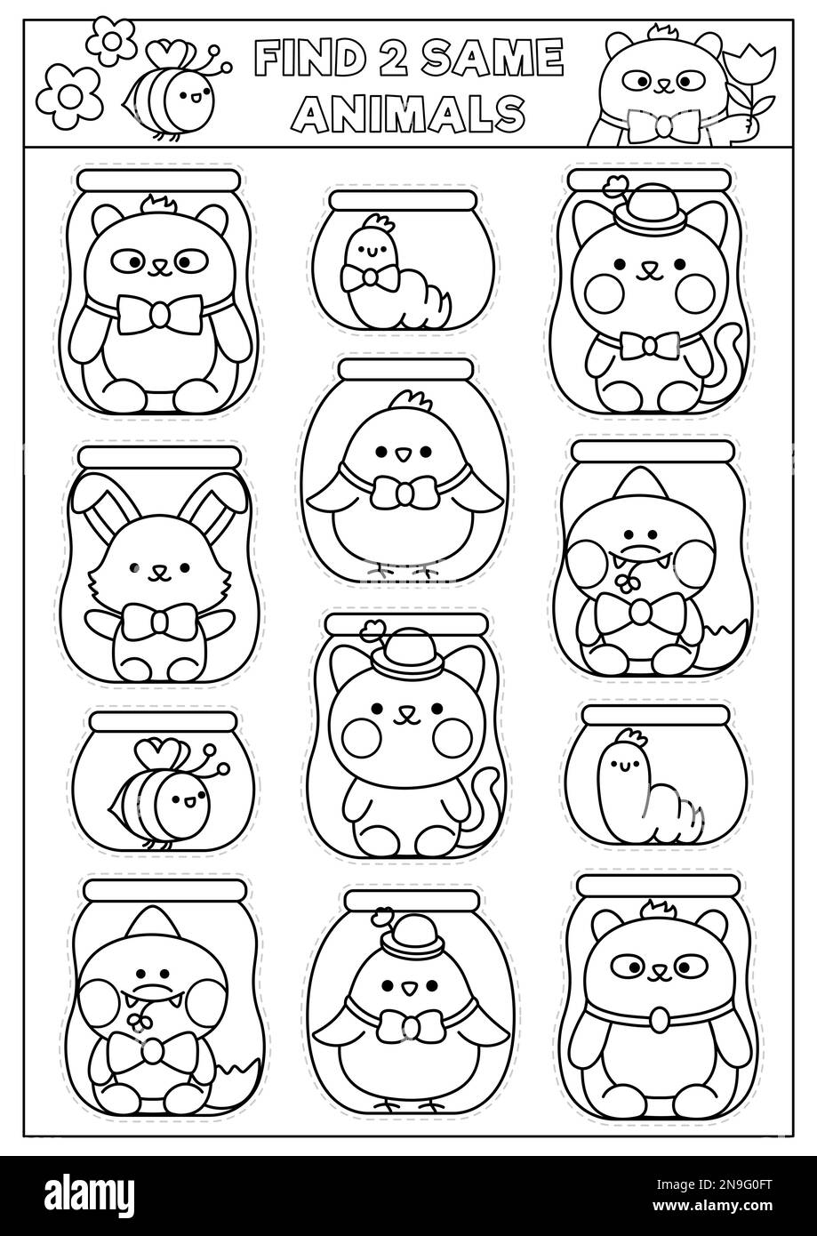 Finde zwei gleiche Kawaii-Tiere in Gläsern. Zu Ostern passende Schwarz-Weiß-Aktivität. Quiz oder Ausmalseite für Kinder. Einfach bedruckbar g Stock Vektor